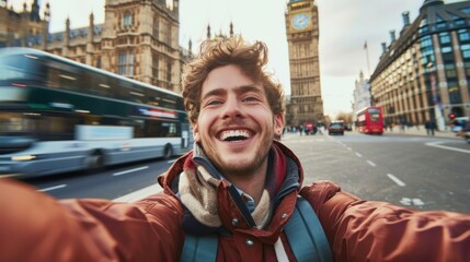 Smiling man taking selfie picture in London, England .