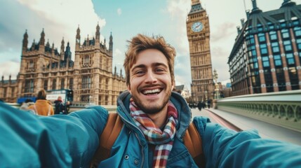 Obraz premium Smiling man taking selfie picture in London, England .