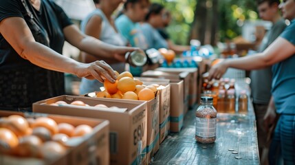 People donate food and money at a charity fair