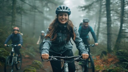 Fototapeta premium A woman in cycling gear riding her mountain bike with friends along a trail in a misty forest