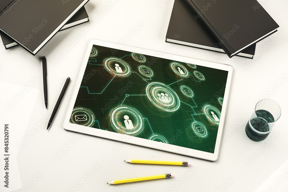 Aufkleber Modern digital tablet monitor with social network icons concept. Marketing and promotion concept. Top view. 3D Rendering