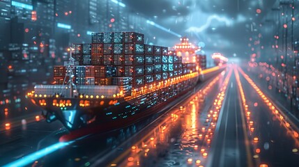 Fototapeta premium Futuristic cargo container ship utilizing advanced technology for global logistics, featuring world maps and supply chain networks, captured in a dramatic documentary photography style