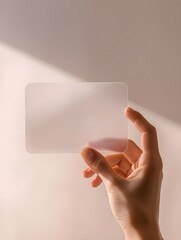 A mockup featuring a hand holding a blank translucent card with rounded corners, serving as a clear call-card template.