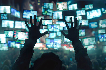 Person overwhelmed by numerous screens in a digital age, symbolizing information overload and media consumption in a modern urban setting.