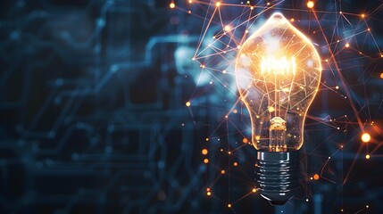 A light bulb with a complex digital network inside against a dark technological background. Artificial intelligence and Innovative technology concept