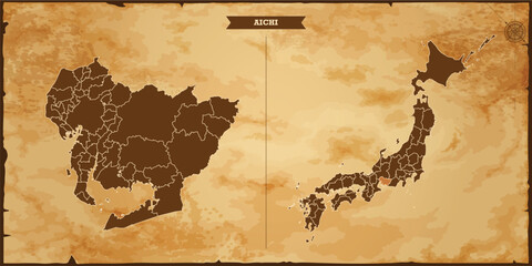 Aichi state map, Japan map with federal states in A vintage map based background, Political Japan Map