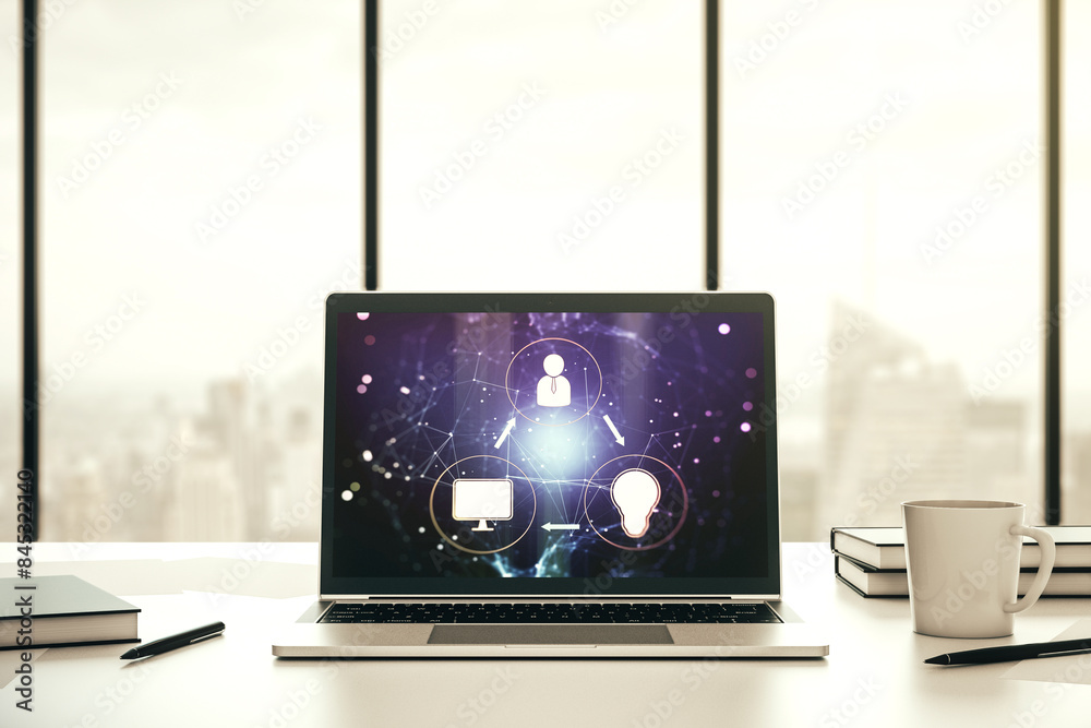 Poster Modern computer screen with social network media concept. 3D Rendering