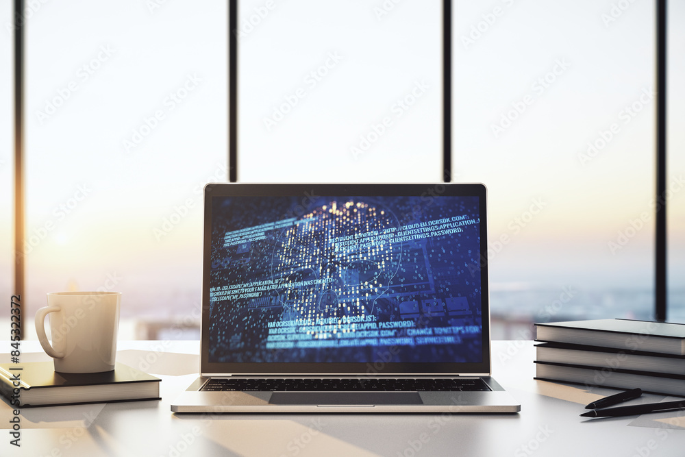 Poster Creative concept of code skull illustration on modern laptop screen. Hacking and phishing concept. 3D Rendering