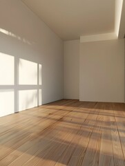 Fototapeta premium 3d render of modern empty room with wooden floor and large white plain wall.