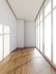 Obraz premium 3d render of modern empty room with wooden floor and large white plain wall.