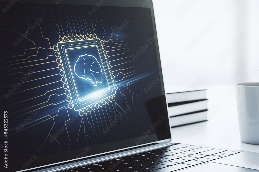 Fototapete modern computer display with creative human brain microcircuit. future technology and ai concept. 3d