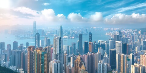 Fototapeta premium An aerial view of a densely-packed city, showing a plethora of skyscrapers and buildings extending beyond the horizon, exemplifying urban density and architectural advancement.