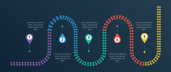 Railroad tracks infographic. Business template with numbers 5 options or steps. Railway simple icon, rail track direction, train tracks colorful vector illustration on a black background.