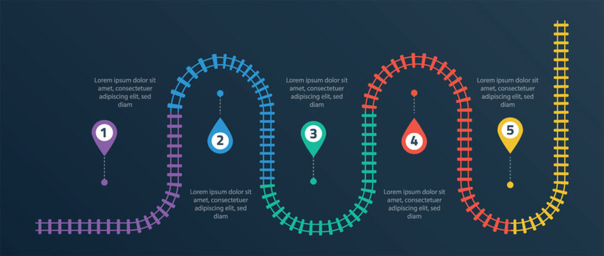 Railroad tracks infographic. Business template with numbers 5 options or steps. Railway simple icon, rail track direction, train tracks colorful vector illustration on a black background.
