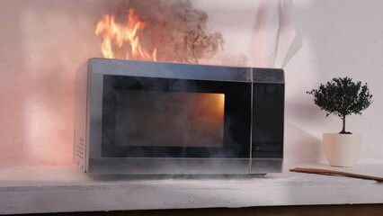 Burning microwave oven on fire sparkles and smokes in kitchen on table.