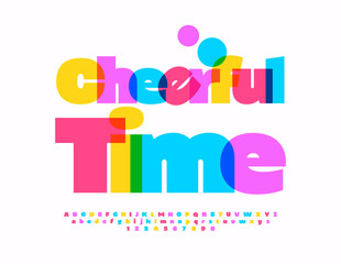 Vector funny emblem Cheerful Time. Watercolor artistic Font. Bright Colorful Alphabet Letters and Number set.