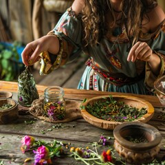 Woman wearing a colorful dress is carefully putting dried herbs and flowers in glass jars for preparing natural remedies. Spiritual shaman and medicine woman