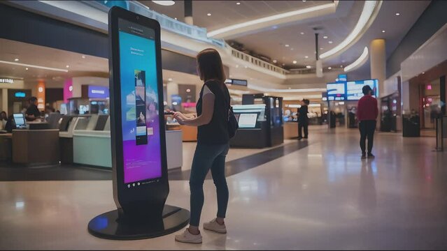 Woman using a large interactive touchscreen kiosk in a modern shopping mall, showcasing advanced technology and retail innovation, concepts of digital interaction, shopping, and customer experience