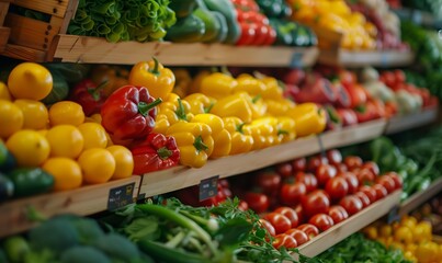 Fresh organic vegetables at the market, tomatoes, peppers, lettuce, broccoli, zucchini, lemons