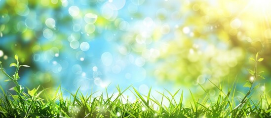 Abstract nature background of grass and blue sky in spring or summer season.