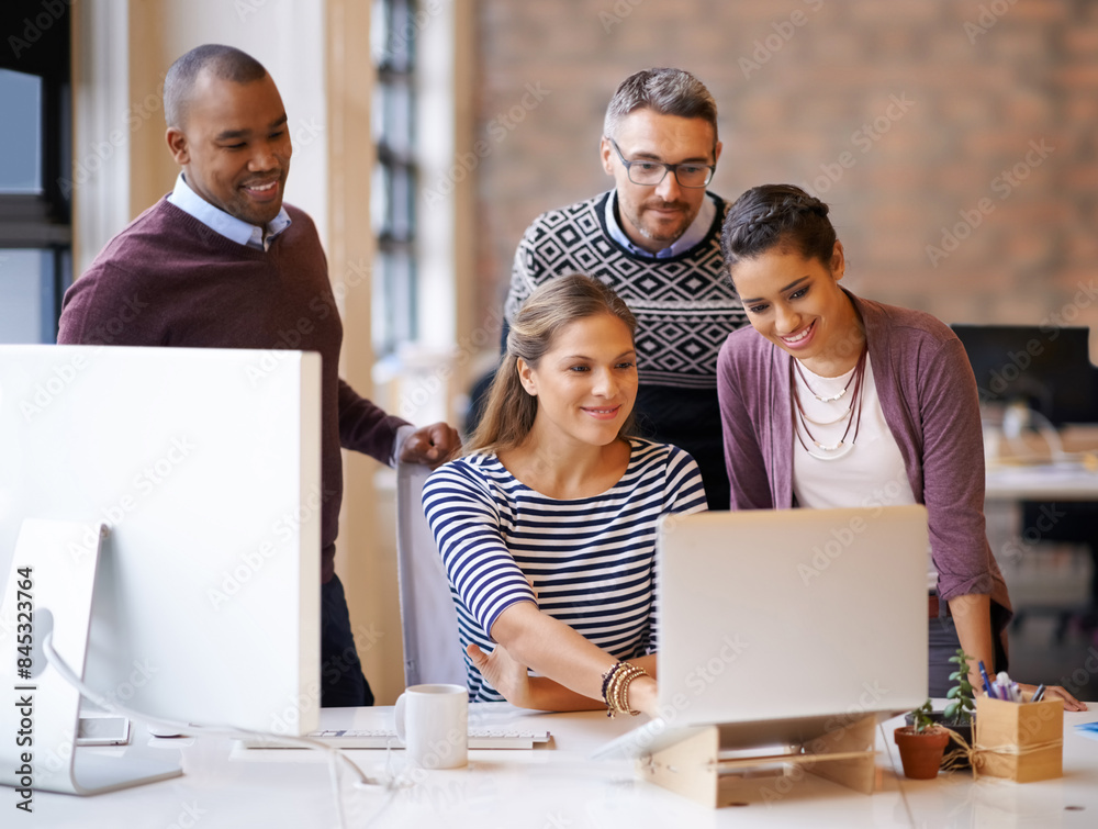 Poster Business people, laptop and website planning for creative project with digital collaboration of office team. Working, management and technology with brainstorming and tech update with webdesign group