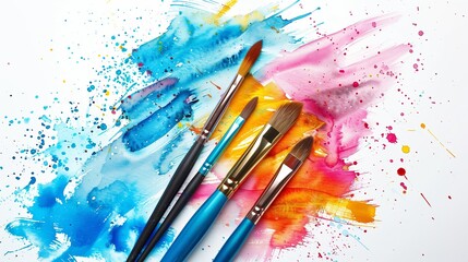 Set of artistic brushes smeared with paints on white background with watercolor splashes