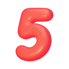 Number 5. Red digit five in 3d style. Realistic design in cartoon balloon style, elements isolated on white background. Vector illustration