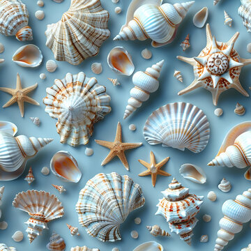 Seamless pattern shells and starfish on blue background.