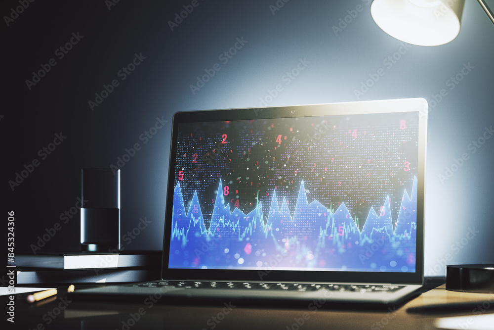 Aufkleber stats data illustration on modern laptop monitor, computing and analytics concept. 3d rendering