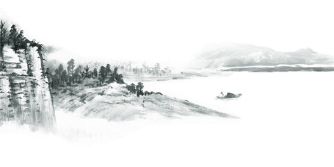 Traditional Ink Painting Chinese, Chinese painting of mountains and lake plant and boat, Watercolor...