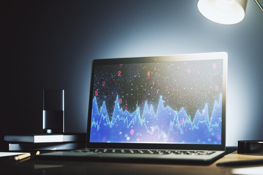 Stats data illustration on modern laptop monitor, computing and analytics concept. 3D Rendering