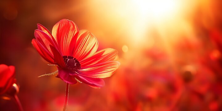 A single red flower bathed in soft sunlight evokes a warm, dreamy atmosphere, emphasizing the delicate petals and rich colors that create a serene natural beauty.