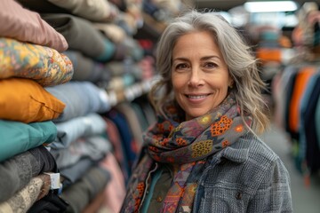 Fototapeta premium A smiling mature woman examines clothes at a store, expressing interest and satisfaction
