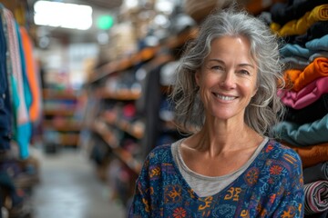 Fototapeta premium A happy mature woman enjoys looking at colorful fabrics in a well-lit textile shop