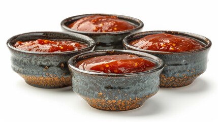 Close-up of vibrant ketchup in elegant bowls, showcasing its rich, sweet, and spiced texture, isolated on a white background with studio lighting