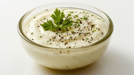 Close-up of ranch dressing, creamy texture with visible herbs and spices, in a clear bowl, isolated on a white background with studio lighting