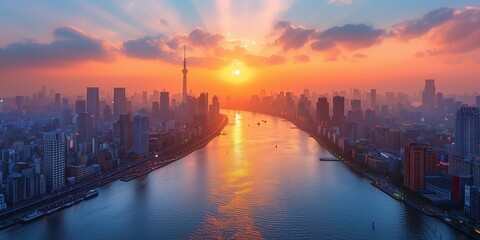 Naklejka premium Dusk Urban Cityscape Panorama for Lifestyle & Business Websites