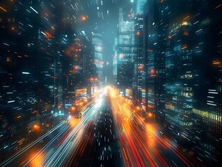 Obraz premium Fast Paced Techno City at Night with Bursts of Simulated Broadband Data