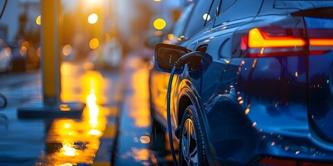 Electric car charging at station to recharge battery. Concept Sustainable transportation, Electric vehicles, Renewable energy, Green technology