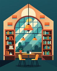 The librarys coffee shop featuring a cozy and inviting atmosphere with plenty of sunlight streaming in through the large windows and solarpowered lighting.. Vector illustration