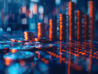 Visualizing Financial Growth and Strategies through Illuminated Coin Graphs and Reflective Designs