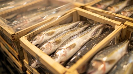 Close-up of fish packed in plastic containers, perfectly sealed and organized in wooden crates, ready to be transported