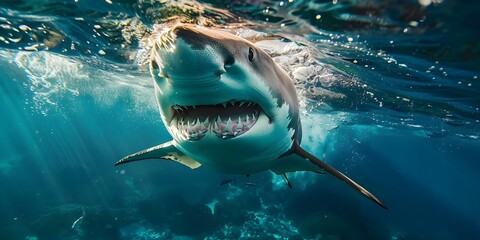 The White Shark A Toothed Predator Hunting for Food in the Ocean. Concept Marine life, Predators, Ocean ecosystem, Carnivorous behavior, Hunting strategies