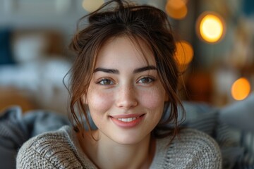 Obraz premium This portrait showcases a casual young woman smiling with bright bokeh lights in a homely setting