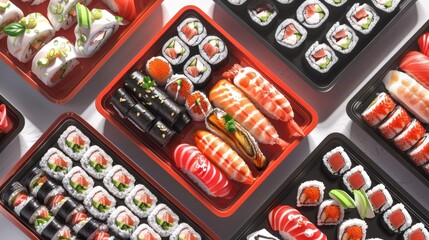 Place different types of sushi on a serving tray.