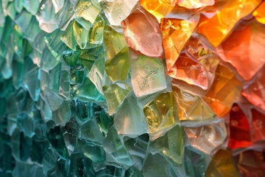 A close-up image of a mosaic-like structure with multicolored crystalline shapes resembling glass shards
