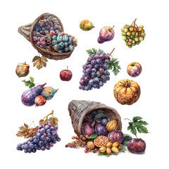 Cornucopia, horn of plenty with fruits, vegetables, apples, pear, grape and pumpkin. Hand drawn vector illustration ink outline, engraving vintage icon isolated on white background.