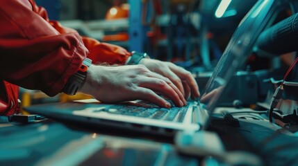 Mechanic diagnosing car issues with modern diagnostic tools, Adult male in blue mechanic uniform uses laptop for vehicle diagnostics, writes notes. Focus on concentration.