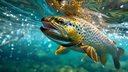 Naklejka premium Close-up of a big trout swimming just below the waterline in a calm lake, with a starry blue sky reflecting on the surface