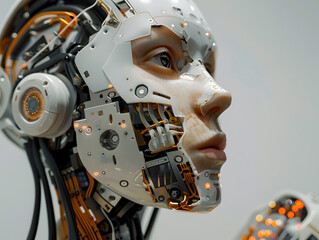 A humanoid AI with semiconductors embedded in its skin performing complex calculations